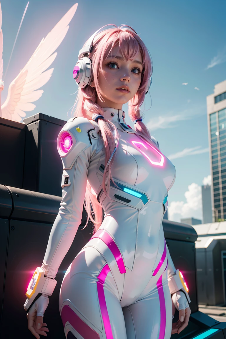 ((masterpiece, best quality, extremely detailed), volumetric lighting, ambient occlusion, colorful, glowing),
1girl, solo, young girl, (pink hair), long hair, halo, aura, sacred, godness, cyber suit, (white outfit:1.3), android, bot, angel wings,
outdoors, sunset, sky, clouds, space, (cyberpunk theme:1.2),