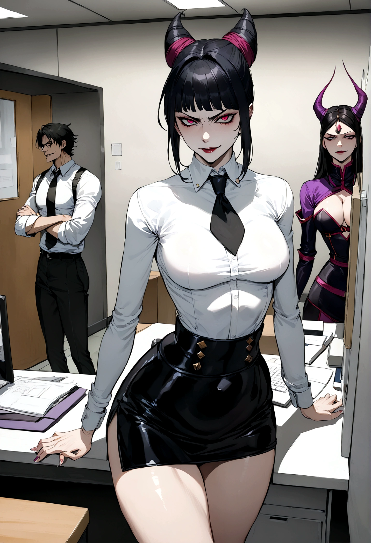 juri han, work of art, tight white secretary shirt with black tie, black high waist skirt, short skirt,stocking, black hair, black tights,evil smile,office,franja nos olhos,iluminação,chifre de cabelos,visão de cima,olhando para cima
