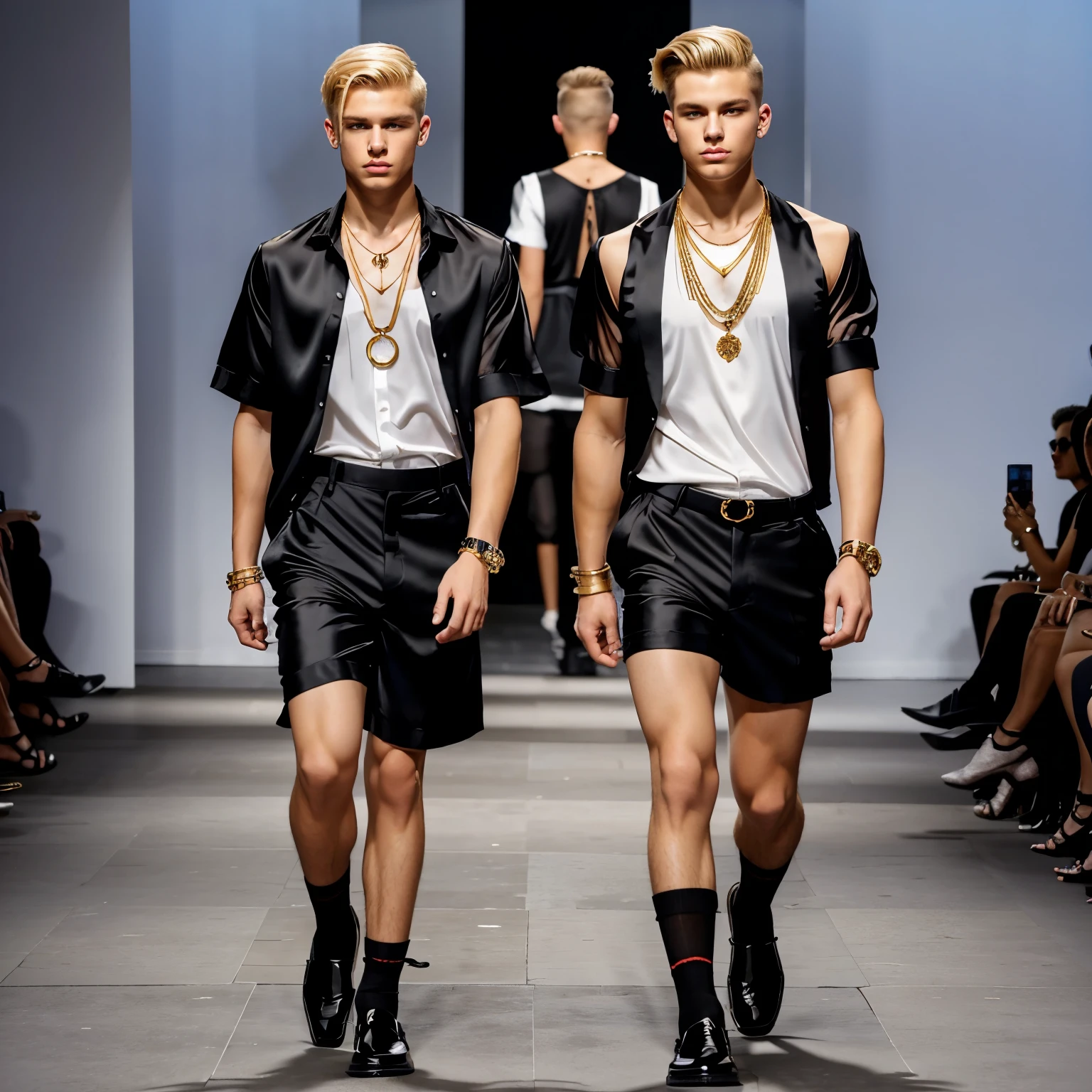 full view full body, one lowing beautiful 18 yo white male boy with fashion blonde undercut stylish haircut, in a sexy high fashion large black shorts and black silk shirt shoulder puffs and short sleeves , long black socks, chunky fashion black loafers, golden rings, necklaces, bracelets, walking down a runway at fashion week in Paris