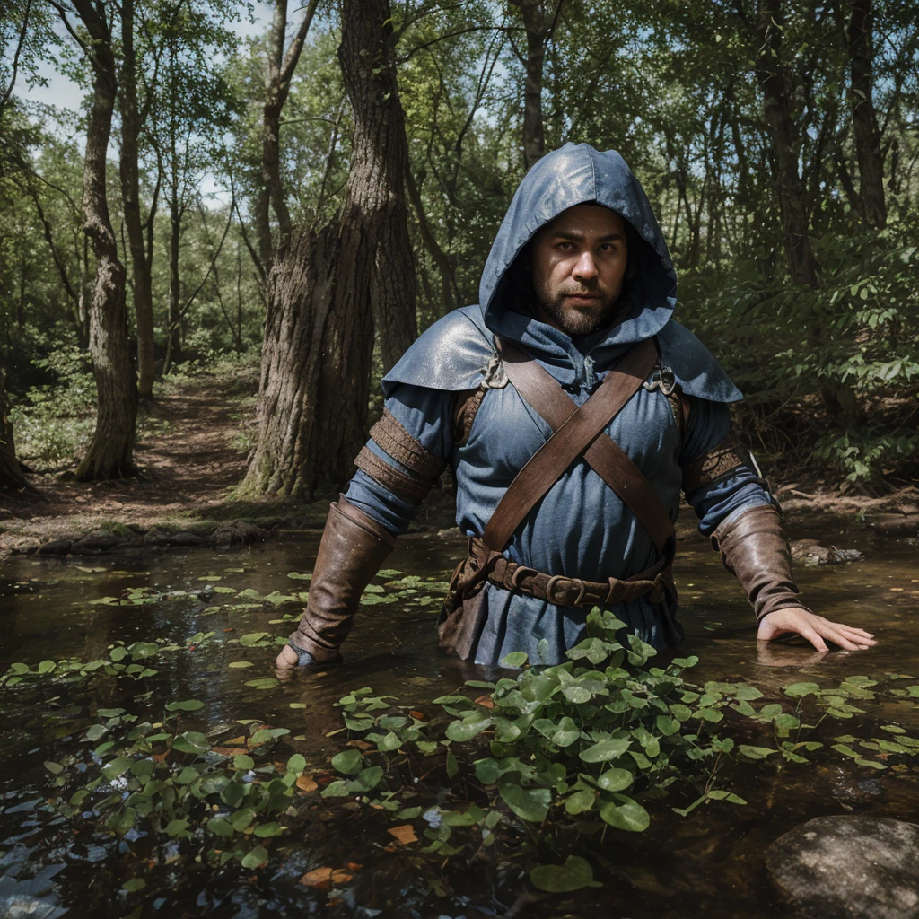 water dwarf in the forest with medieval adventurer outfit hood
