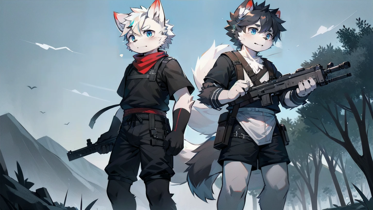 White Wolf,male,juvenile,Off-white fur,black hair,Sky blue eyes,hairy,Wolf ears,Wolf Tail,Black combat uniform,Black body armor,Short sleeve,arm,Holding a gun,aim,Black shorts,Expose calves,foot,Red neck bib,wind,Highest quality