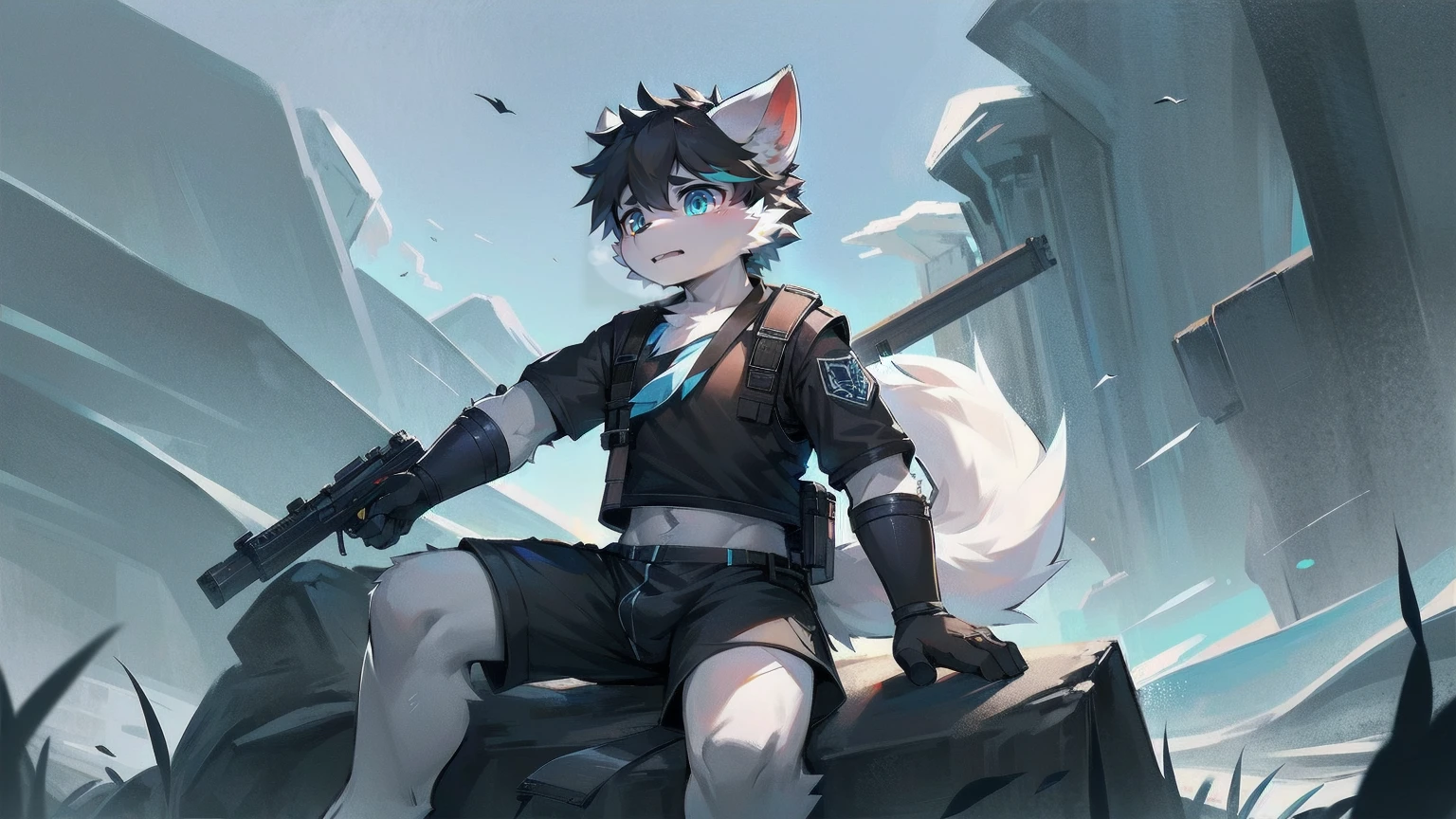 White Wolf,male,juvenile,Off-white fur,black hair,Sky blue eyes,hairy,Wolf ears,Wolf Tail,Black combat uniform,Black body armor,Short sleeve,arm,Holding a gun,aim,Black shorts,Expose calves,foot,Red neck bib,wind,Highest quality