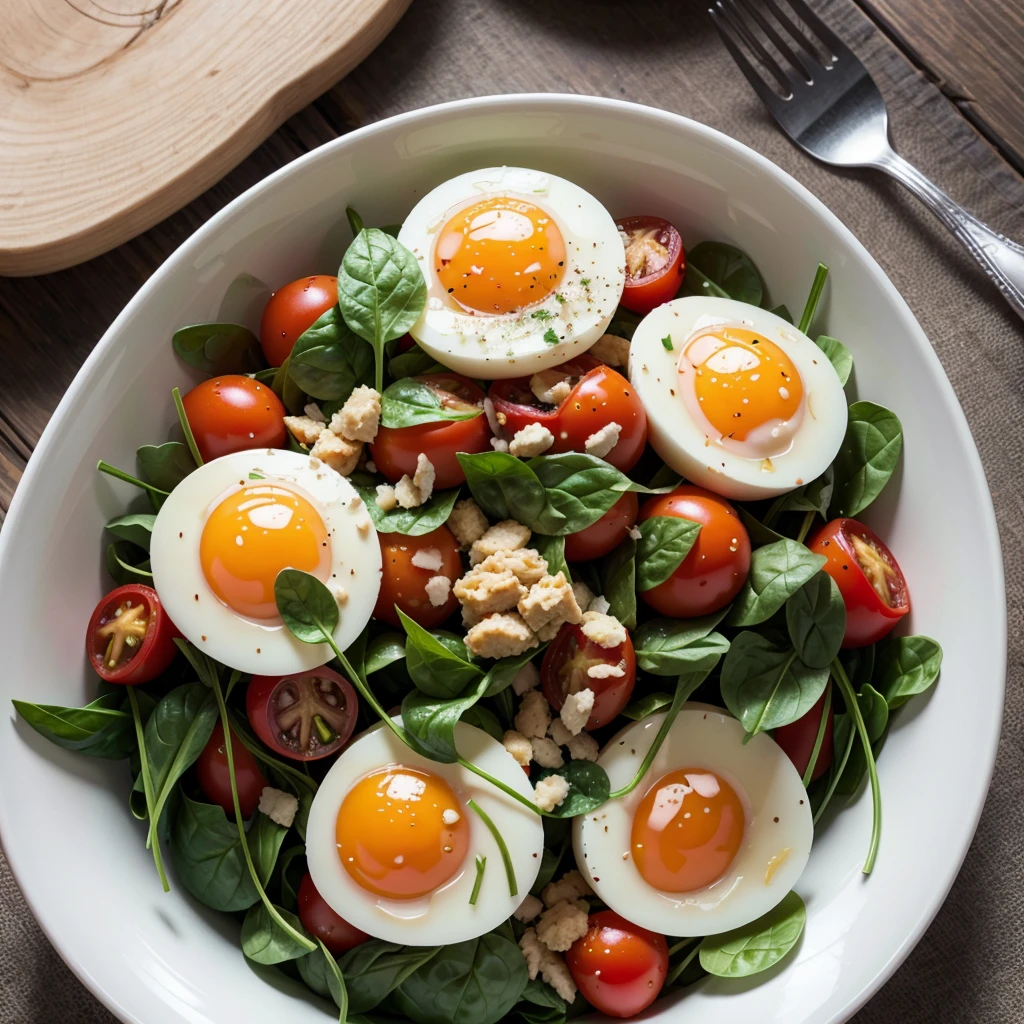 create an image of a bowl of beaten eggs being thrown on top of cooked tomatoes and spinach