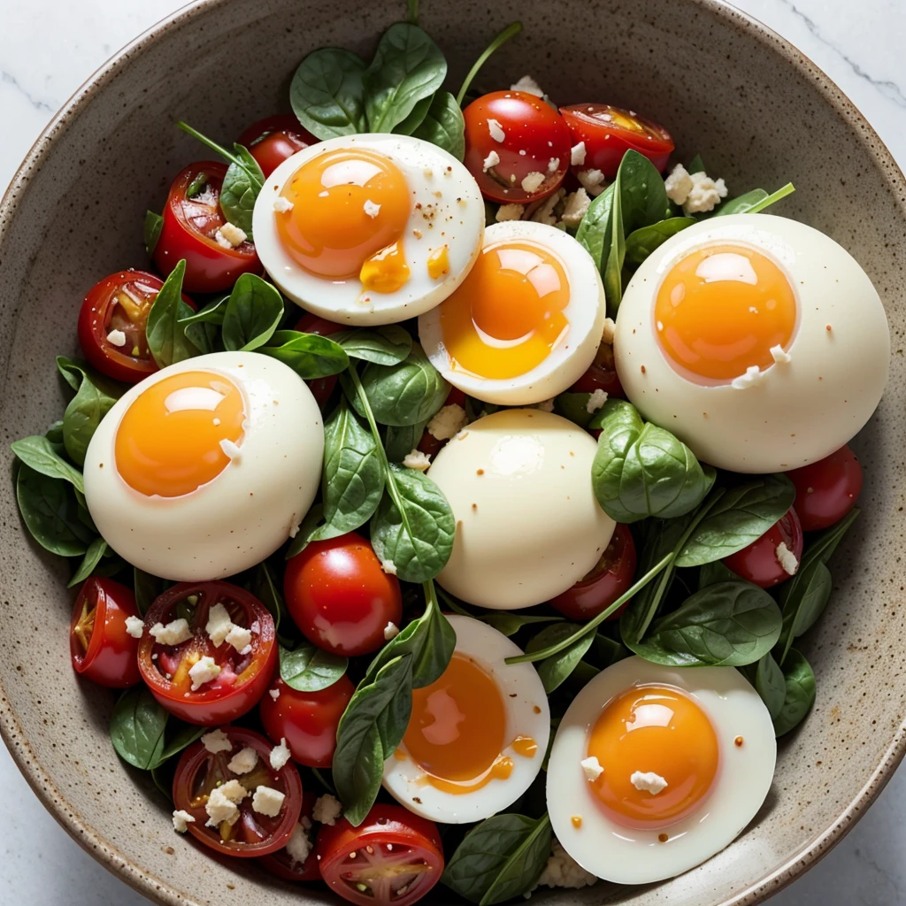 create an image of a bowl of beaten eggs being thrown on top of cooked tomatoes and spinach