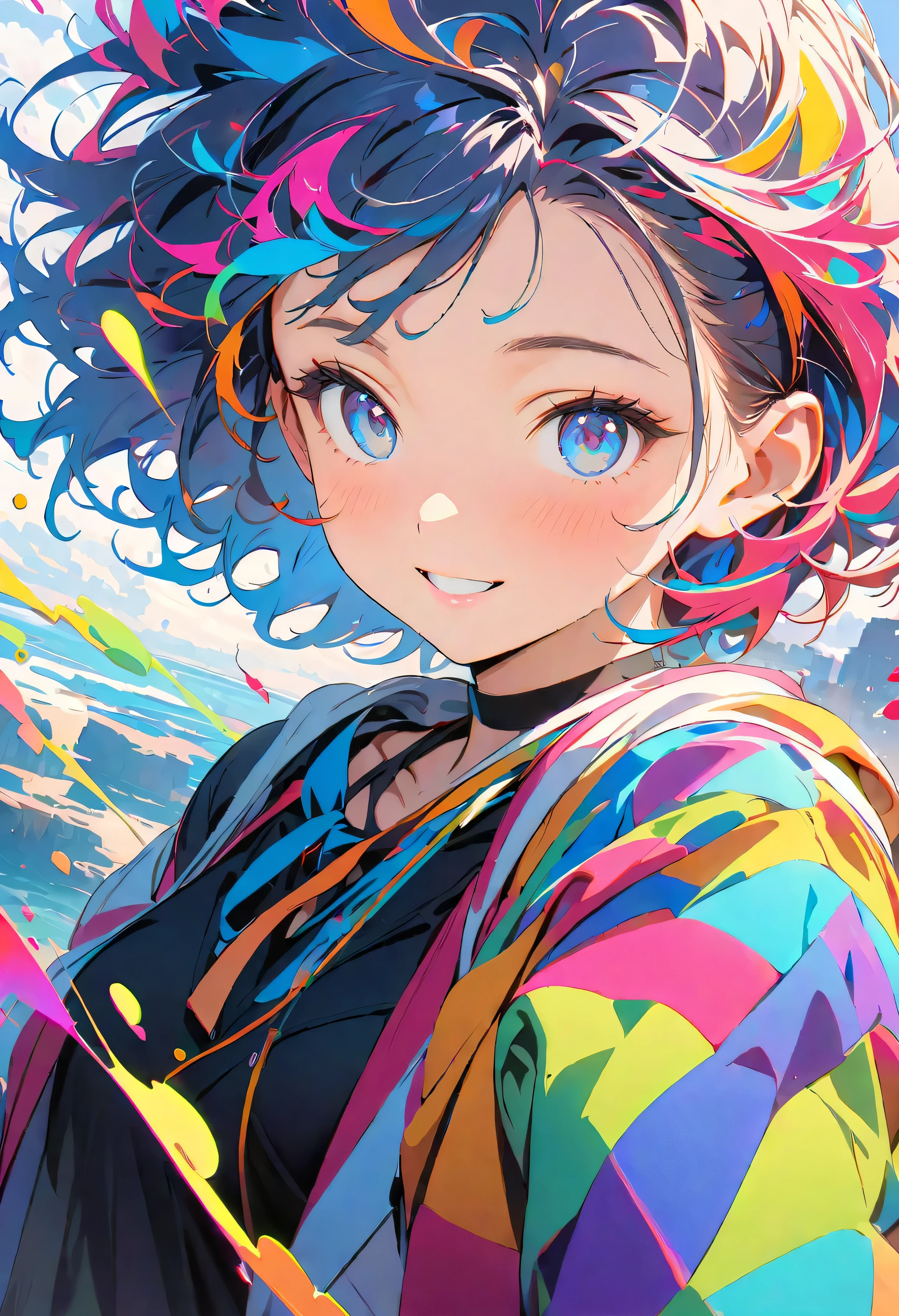 (masterpiece, Highest quality, Official Art:1.2), (colorful), Perfect Anatomy, Looking at the audience,One Girl, alone, White Background, floating colorful water, Ultra-fine illustrations, Highly Details, Dynamic Angle, Beautiful detailed, 8K, 壊す smiling amidst the colorful scenes, (High resolution), Anime Style, Dynamic Angle