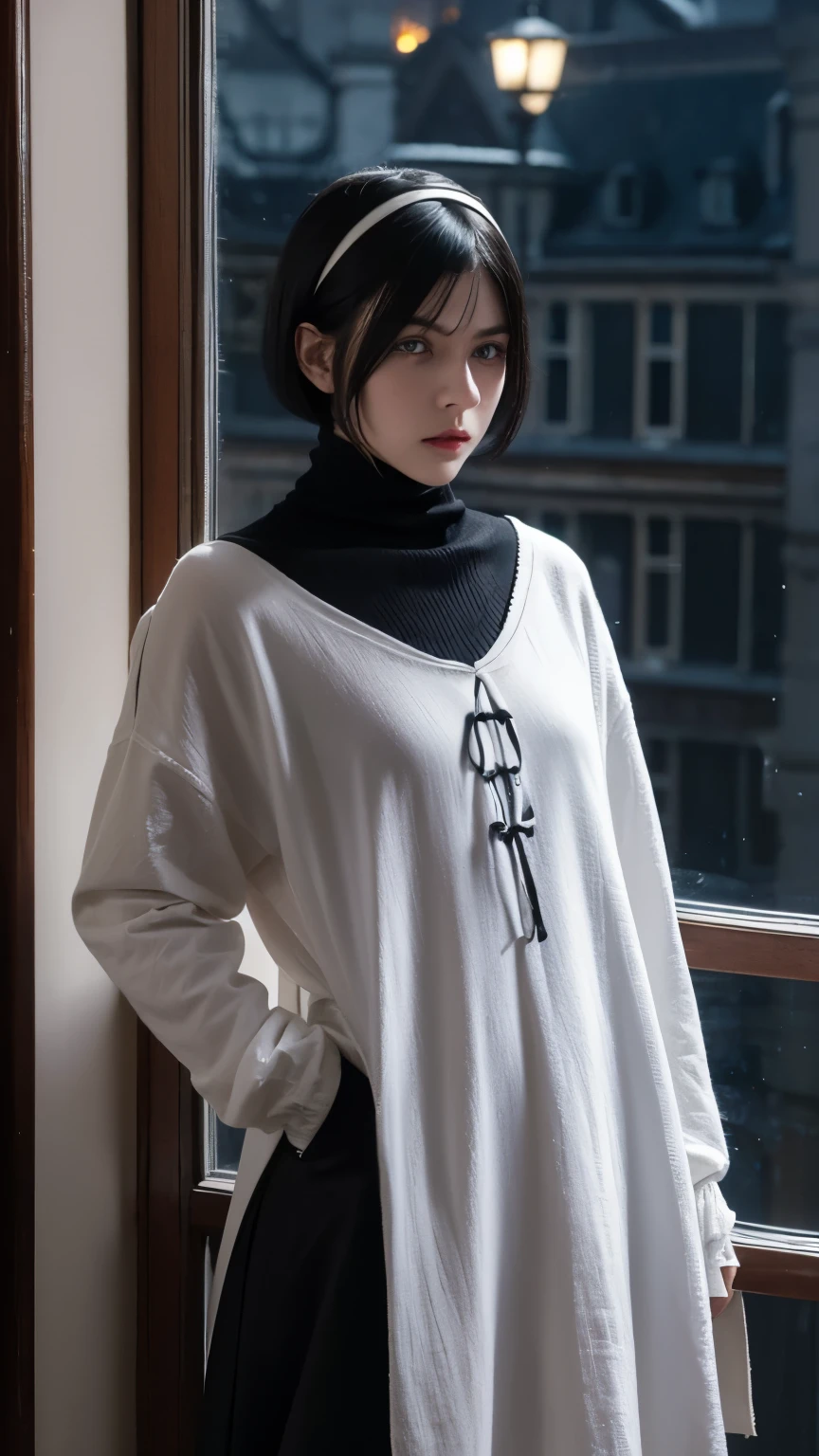 black hair, blue eyes, cold, stern, victorian clothes, bloodborne style, turtleneck, night, dark, horrors, western, short hair, looking down, white hairband, midnight, Eldritch, standing by window, bob cut, angry,