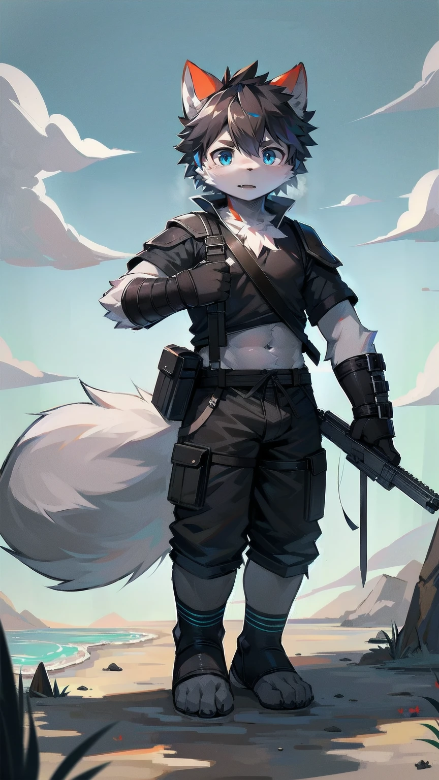 White Wolf,male,juvenile,Off-white fur,black hair,Sky blue eyes,hairy,Wolf ears,Wolf Tail,Black combat uniform,Black body armor,Short sleeve,arm,Holding a gun,aim,Black shorts,Expose calves,foot,Red neck bib,wind,Highest quality