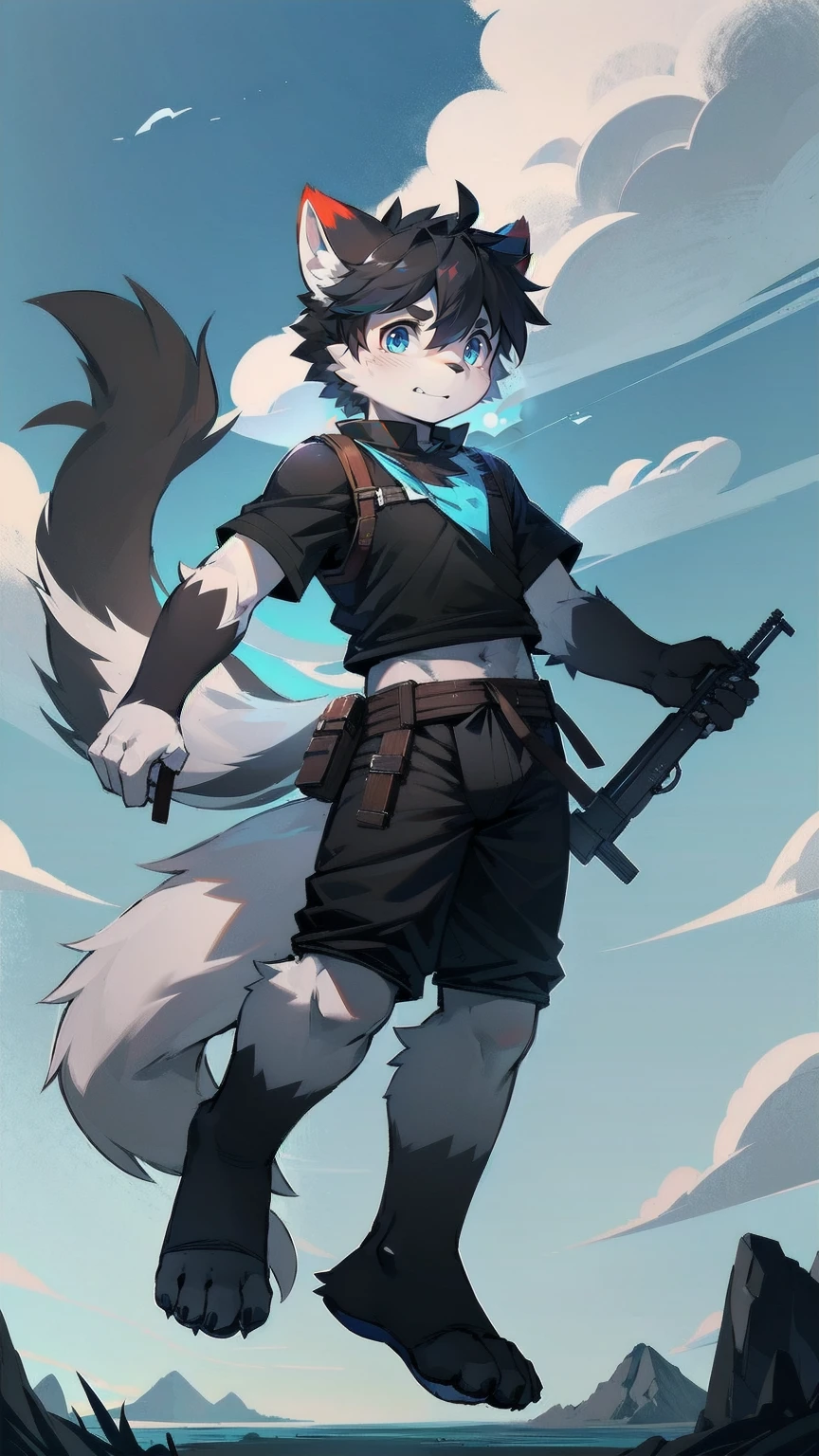 White Wolf,black hair,Sky blue eyes,hairy,Wolf ears,Wolf tail,Full body portrait,The character is in the center of the frame,Handsome,Confident eye***but,juvenile,Black and white combat uniform,Red neck bib,Black shorts,Short sleeve,hairy arms and legs,Dark background,Dark battlefield,dawn,sunrise,dawn,illumination,shadow,Swordsman,Scabbard and Hold the hilt of a in your hand,The scabbard is at the waist,Highest quality,A tall stature