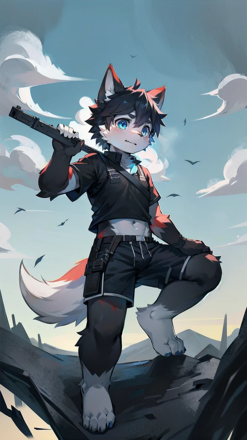 White Wolf，male，juvenile，Off-white fur，black hair，Sky blue eyes，hairy，Wolf ears，Wolf Tail，Black combat uniform，Black body armor，Short sleeve，arm，Holding a gun，aim，Black shorts，Expose calves，foot，Red neck bib，wind，Highest quality