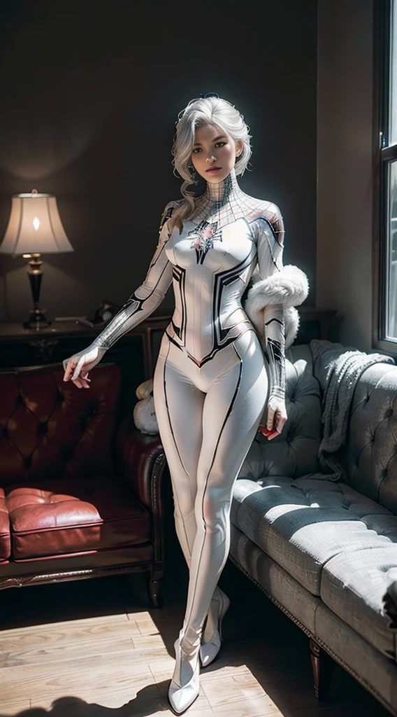 (Extreme Detail CG Unity 8K wallpaper, masterpiece, highest quality), (Exquisite lighting and shadow, highly dramatic picture, Cinematic lens effect), a girl in a white Spider-Man costume, silver gray hair color, from the Spider-Man parallel universe, Wenger, Marvel, Spider-Man, sitting on the couch, dynamic pose), (excellent detail, excellent lighting, wide angle), (excellent rendering, enough to stand out in its class), focus on white Spider-Man costumes, complex spider textures