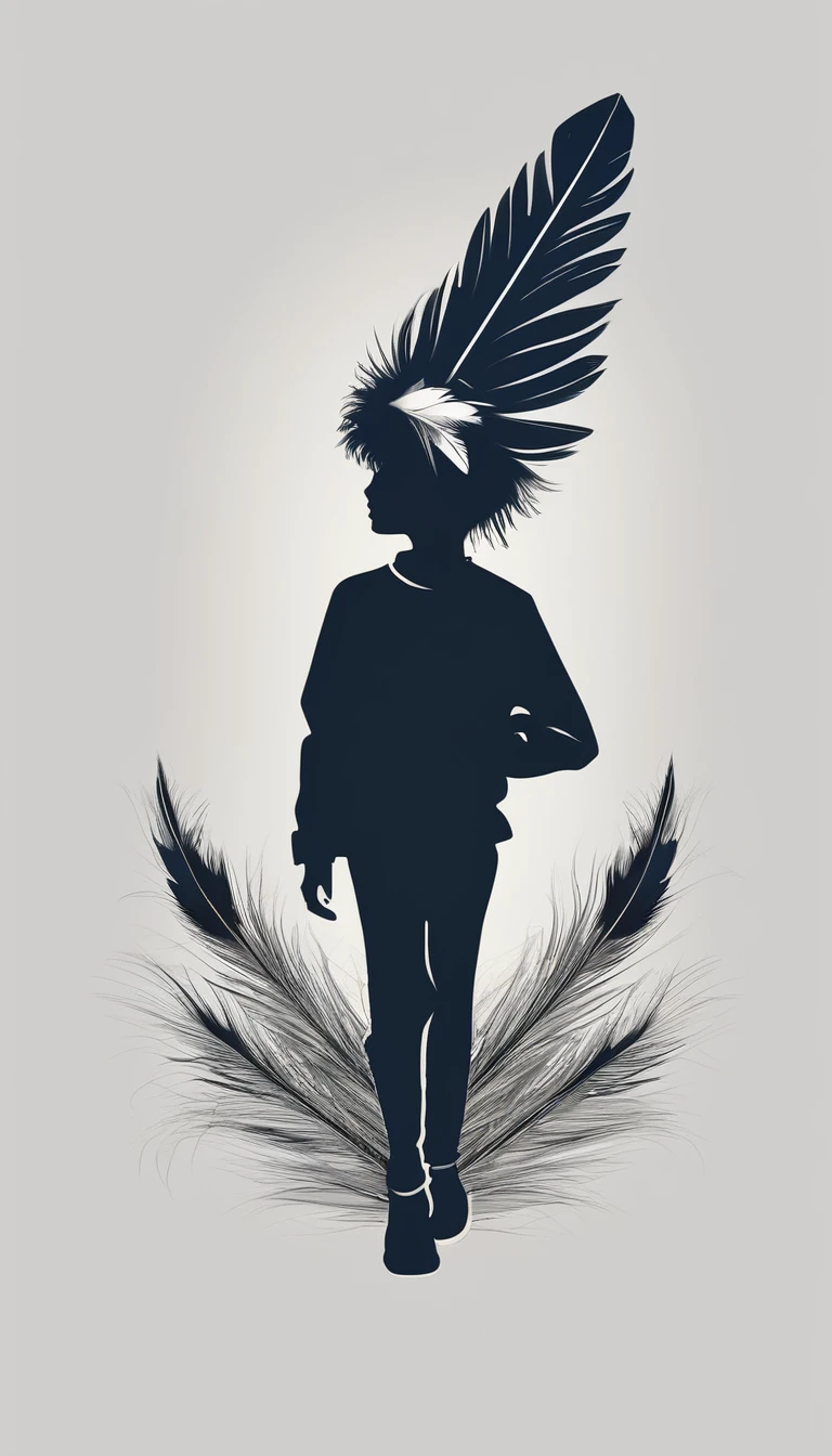 A minimal, modern, simple, cinematic logotype of a boy with a head full of feathers for the brand “Penamemoria" .
