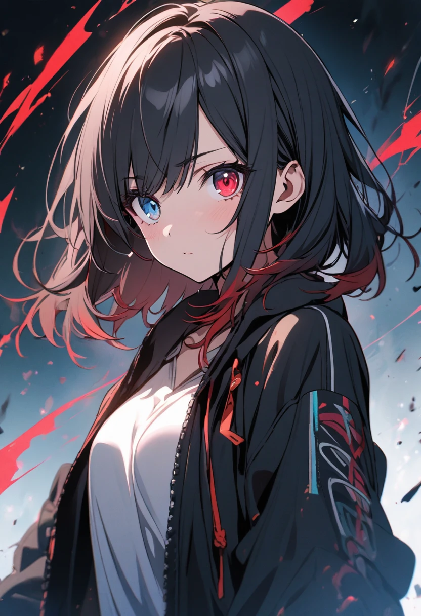 girl, black hair, medium hair, two colors eyes, one blue eye, one red eye