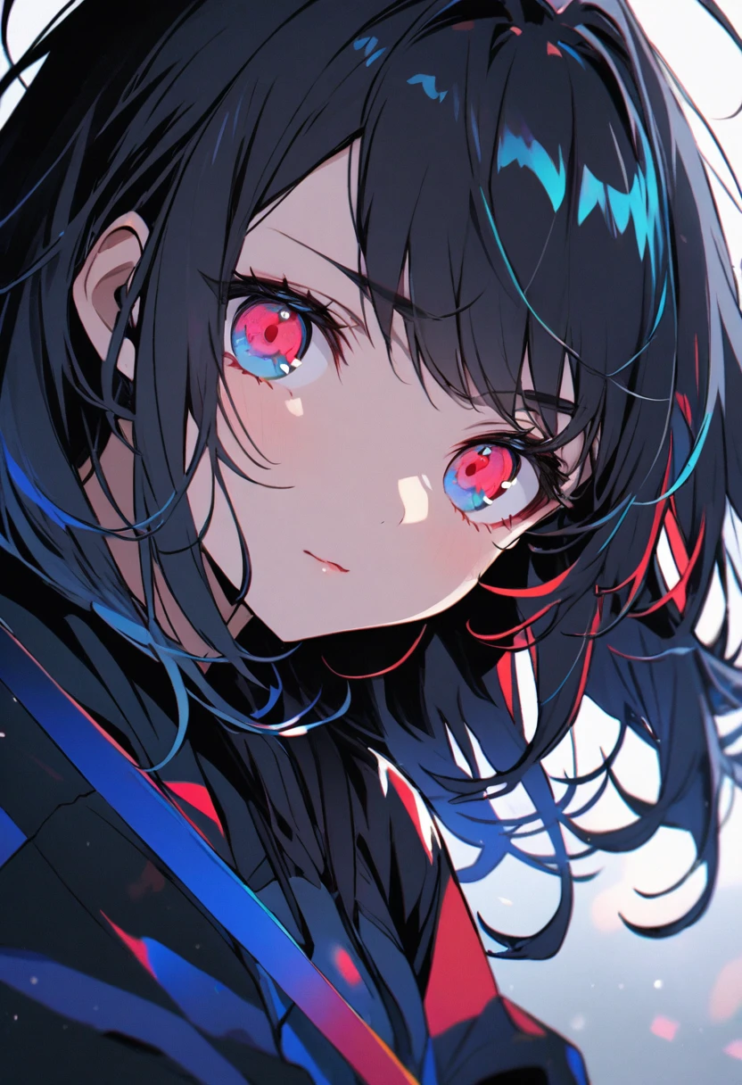 girl, black hair, medium hair, two colors eyes, one blue eyes, one red eyes