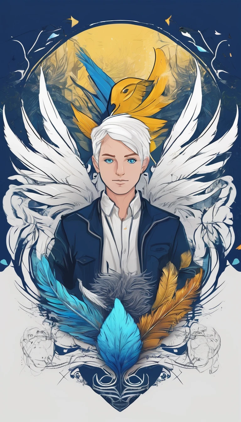 Create a minimalistic, simple, fantastic, easy to understand, logo design of two faces, one of a boy and the other of a feather for an upcoming Fantasy Role Playing Game called " Penamemoria". The game is about a world full of bird and feathers. A boy enters that world and discovers his true artistic identity. Create a logo design that transmits the essence of this videogame. It´s a fantasy game, with fantasy elements. Create the logo in the center and a fantasy theme as background. Use the colours blue, white, yellow in the logo. The logo design must convey a sense of fantasy, dreams and music. Must convey a feeling of being a true Dreamer