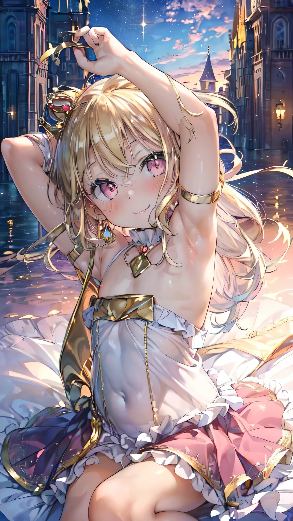 (nsfw:1.2), (Ultra-high resolution of the highest quality, masutepiece, Best Quality, 8K, Super Detail, Best Quality:1.3), (Anatomically correct:1.2), (1 :1.8), (pre-schooler:1.8), (Loli:1.8), ld:1.8), (petite body:1.6), (flat chest:1.2), (drooping eyes), (blush cheek:1.3), (long hair:1.2), (blonde hair:1.2), tiara, (luxury frilled gold princess gown:1.7), (jewel, gem:1.2), (europe castles balcony), (beautiful sunset glow:1.2), front view, Extremely cute, (extremely detailed beautiful face), Authentic skin texture, beautiful hair, beautiful face, beautiful eyes, beautiful body, beautiful hands, (happy smile:1.5), (face focus, armpit focus, flat chest focus, thigh focus:1.6), (sitting:1.2), (from above:1.2)