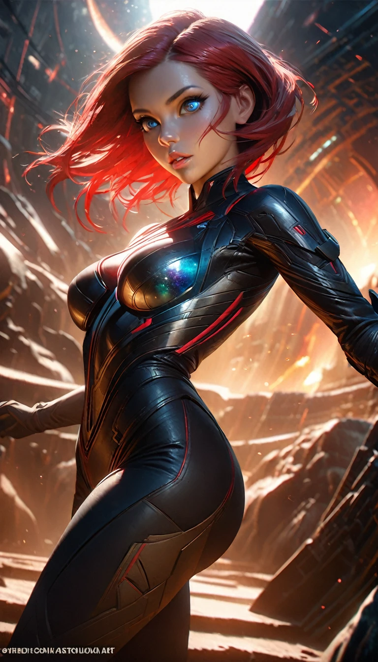 Highly detailed RAW color photo, beautiful young woman, short red hair, dynamic pose, femshepard of mass effect, (wide hips), (detailed skin), (detailed lips), (detailed eyes), (cosmic: 1.4), (necropolis: 1.1), (science fiction setting) (detailed face), (curvy), red clothing, detailed eyes, chromatic aberration, depth of field, soft lighting, masterpiece, best quality, intricate, (lens reflection: 0.7), (flowering: 0.7), particle effects, ray tracing, tone mapping, highly detailed, concept art, smooth, sharp focus, dramatic lighting, highly detailed art, cinematic, hyper-realistic painting, trending on Artstation, 8K, amazing shadows, realistic, (highly detailed background: 1.2), mid-journey art