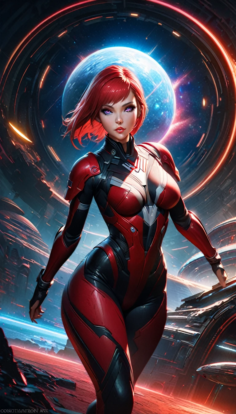 Highly detailed RAW color photo, beautiful young woman, short red hair, dynamic pose, femshepard of mass effect, (wide hips), (detailed skin), (detailed lips), (detailed eyes), (cosmic: 1.4), (necropolis: 1.1), (science fiction setting) (detailed face), (curvy), red clothing, detailed eyes, chromatic aberration, depth of field, soft lighting, masterpiece, best quality, intricate, (lens reflection: 0.7), (flowering: 0.7), particle effects, ray tracing, tone mapping, highly detailed, concept art, smooth, sharp focus, dramatic lighting, highly detailed art, cinematic, hyper-realistic painting, trending on Artstation, 8K, amazing shadows, realistic, (highly detailed background: 1.2), mid-journey art