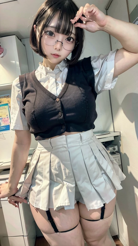 nsfw,pov,1girl,thick thighs,school outfit,skirt,glasses,standing,open leg,skirt lift,garter belt,short bob cut,from directly below,panties,cameltoe