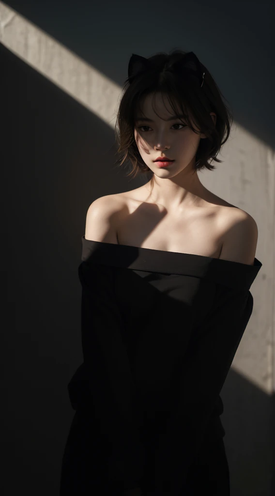 best quality, masterpiece, Ultra-high resolution, (Reality:1.5), RAW photos, 1 Girl, Off-shoulder, in the darkness, Deep Shadows, Low profile, Cold Light, Sexy look, short hair,Cat ears,