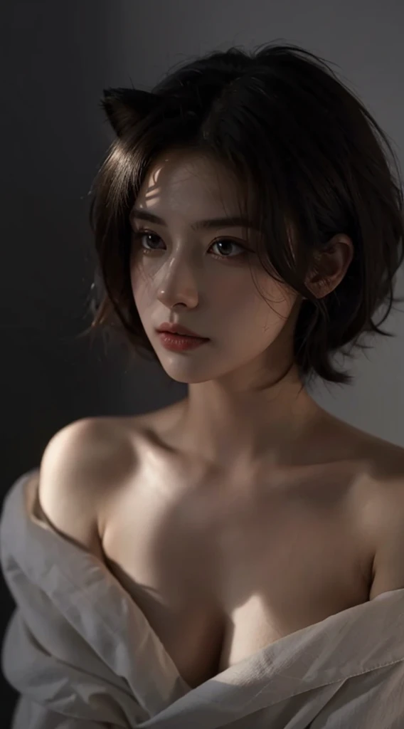 ultra high resolution, masterpiece, highest quality, perfect shinny skin, perfect lighting, detailed lighting, dramatic shadow, ray tracing, 1 girl, full naked, looking at the viewer, big breasts, exposed cleavage, brown eyes, sharp face, clear eyes, long bangs, short cut hair, NSFW, ((dark background)), Upper body,