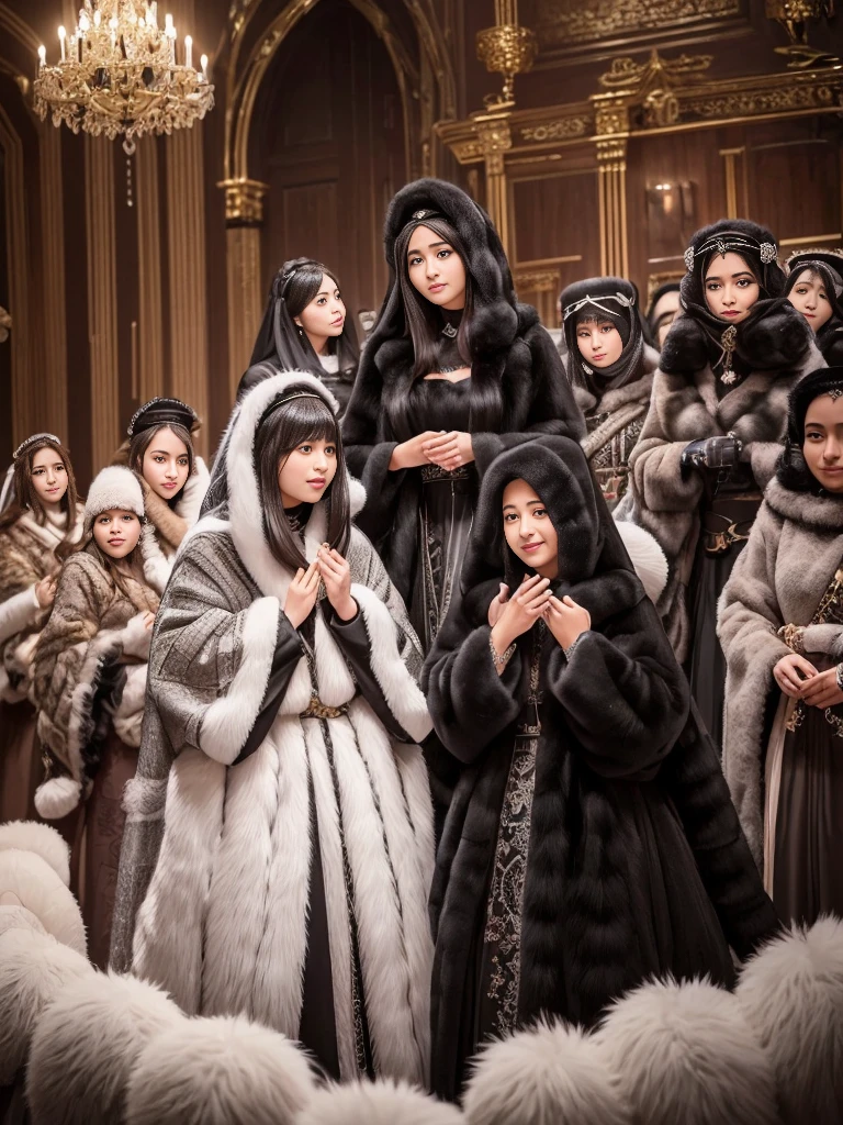 fluffyの毛皮。fluffy。Photos of women in the Turkish royal court。Surrounded by fair-skinned girls。Women wearing fur dresses and veils covering their faces are lined up。Beautiful women in luxurious furs。The dark dungeon of an old stone castle。Fisheye Lens、Fur coat。Multiple women。