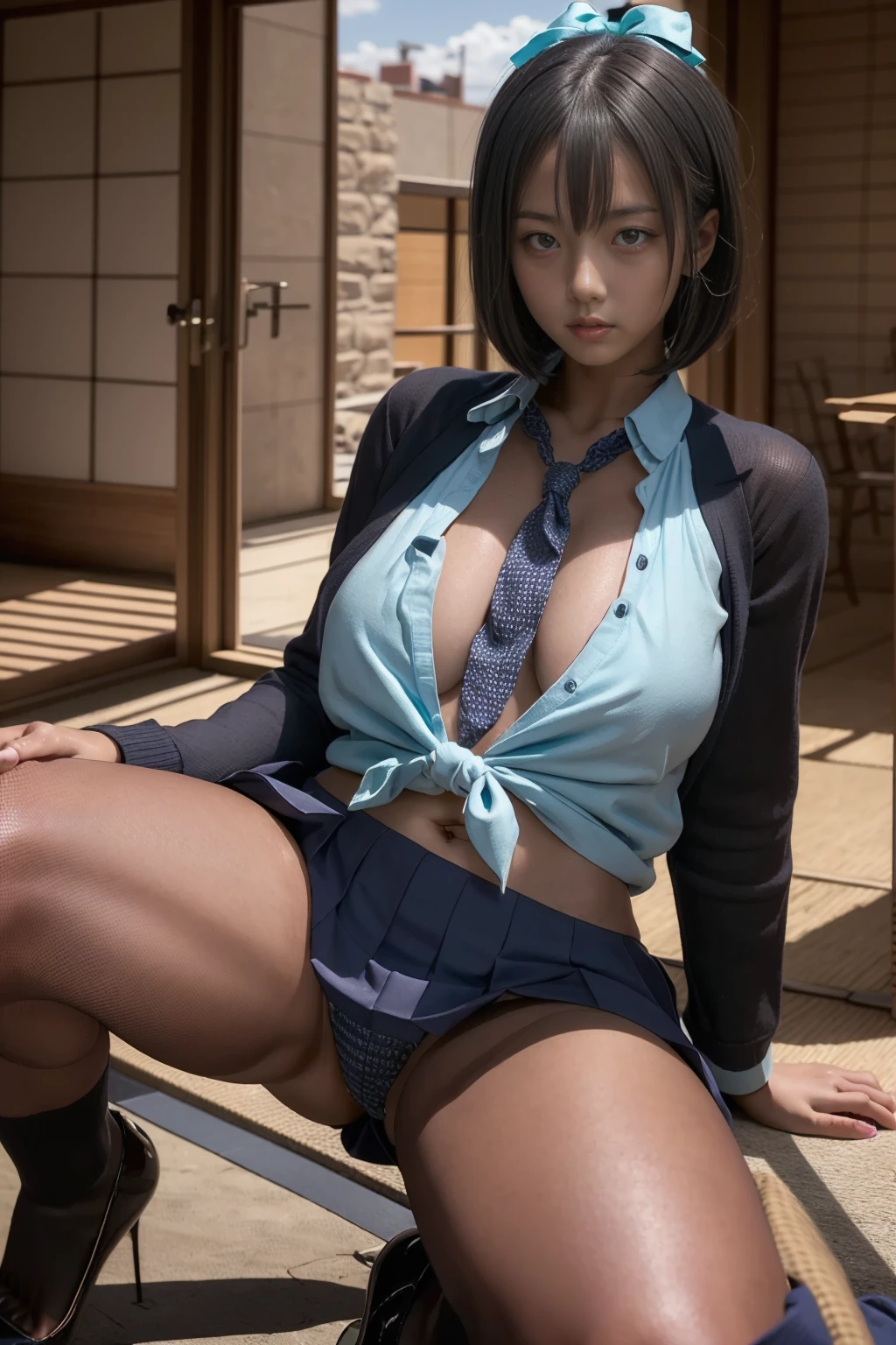 (8K、生photograph、Highest quality、masterpiece:1.2),(Small breasts)、(Small breasts)、(Small breasts)、Look straight ahead、pupil,Light blue bra,Pereblanca,Kuna,(Black Pantyhose),Confused,Small face,flatらな胸,前hairを真ん中から分ける,The forehead is visible,(Cold look<work,Glare,strong,thin,Sobbing,irascible)、masterpiece,Highest quality,Ultra-high resolution,生photograph,flat,Beautiful poop,One person, One personで,Glasses,,Dark look,ふくよかなbody、Gal、cute、JK、high school girl、Japanese women、Are standing、(Photoreactive:1.37)、Photon Mapping、Light blue ribbon、Genuine、cute小さな顔、Brown eyes、Black thigh-high socks、High heel loafers、(Red bow tie)、Radio City、Physically Based Rendering、prospect、Written boundary depth、Blurred Background、photograph、girl、body、Beautiful legs、Long legs、Long Bob Cut、(前hairが見える)、hair、lips、green_The目、Soft Nose、(Light blue shirt)、(navy, greenと白のチェック柄プリーツスカート)、I can see your knees、See-through clothing、Thighs、Nogizaka idol、, Micro Mini Skirt, (The skirt is very short:1.2), (とてもLong legs:1.4), (とても広いThighs:1.3), (She always wears black stockings:1.4), (Wearing brown platform high heels), Accurate high heels,
