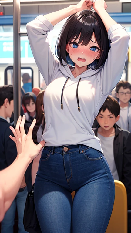 1 girl, men, 1 face, standing, (girl in skinny tight navy jeans), (long jeans), (navy jeans), ((jeans ass)), slim, slender, 17 years old, (short bob cut), ((black hair)), bangs, nose blush, full opened eyes, round mouth, drool, orgasm, (white hoodie), (((embarrassed))), hard sweat, big ass, ahegao, detailed girl’s face, blue eyes, train interior, crowded train, girl hold on to a strap, (girl’s arms up), pov, japanese, detailed jeans, ((molestation)), (((man put hands on girl’s crotch))), detailed cloth, high quality, small breast