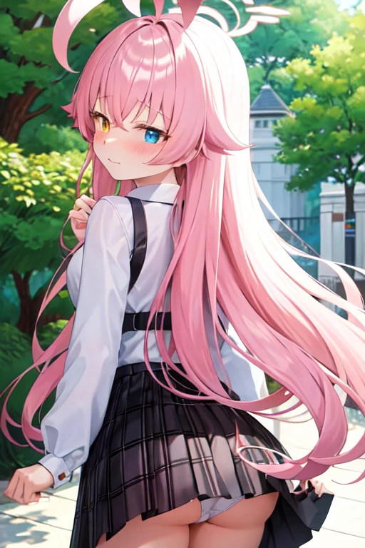 masterpiece, Highest quality, Super detailed, One girl, Hoshino, White shirt, Pleated skirt, Embarrassed, Are standing,
Outdoor ,back shot,Ass,butt up