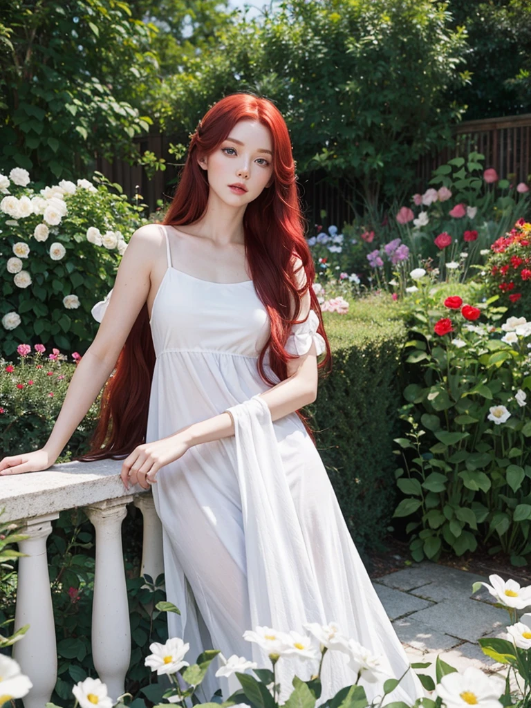 Long red hair, blue eyes, serious features, white skin, loose style, in a garden, with flowers