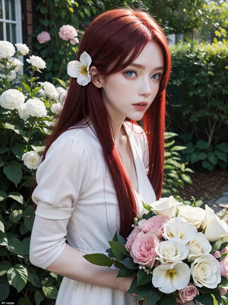 Long red hair, blue eyes, serious features, white skin, loose style, in a garden, with flowers