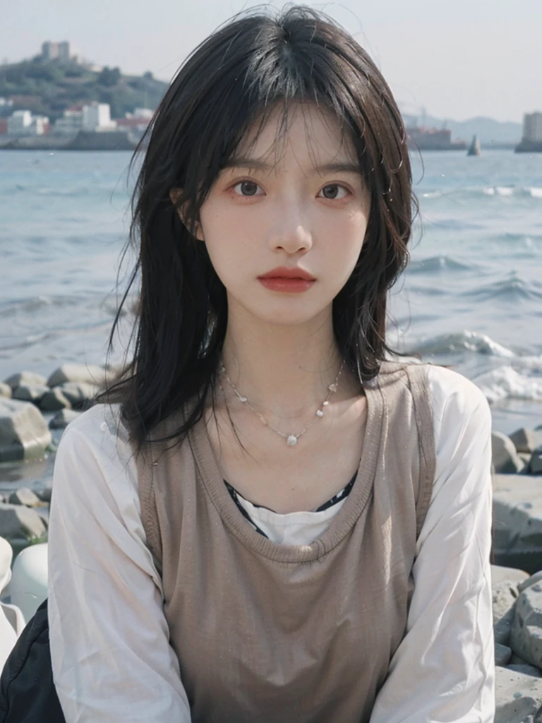 Film portrait photography, 1girls, Lipstick, (big chest:1.2), Wear a necklace, Cute expression, Exquisite makeup, Vest, serene, calm, (Realistic and detailed eyes, Natural skin texture, Realistic facial details), Soft dramatic lighting, Vibrant details, Detailed and detailed, Surreal, 35mm film, hazy, outdoor, Seaside background, seaside, Depth of Field, Bokeh