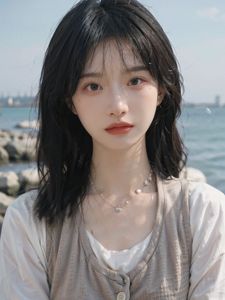 Film portrait photography, 1girls, Lipstick, (big chest:1.2), Wear a necklace, Cute expression, Exquisite makeup, Vest, serene, calm, (Realistic and detailed eyes, Natural skin texture, Realistic facial details), Soft dramatic lighting, Vibrant details, Detailed and detailed, Surreal, 35mm film, hazy, outdoor, Seaside background, seaside, Depth of Field, Bokeh