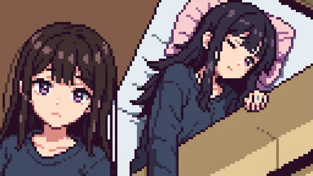 One girl, 20 years old, downtrodden girl, tired girl, confused girl, uncertain posture, long hair, black hair, brown hair. eyes with a transition from blue to purple, dark hair, anime style, 4k image, full body, modern appearance. all the details have been worked out, modern clothes, full-fledged clothes, baggy clothes, cheap clothes, detailed face, lots of details, very detailed, deep, elaborate facial expression, in the apartment, sleeping in bed, lying on the bed, sleeping