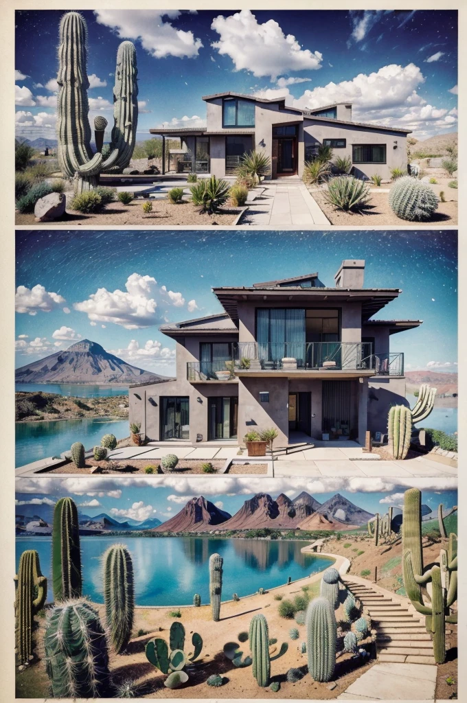 An illustration, collage style, David Hockney visual style, (((Luis Barragán's architectural style houses in middle of a lake))), big boulders, little cascade, mountains, volcanos, volcanic landscape, pool, stairs, beautiful gardens, abundant vegetation, cacti, agave, big clouds, sunset. Magazine cover, serif tipography, editorial design, masterpiece, An illustration in collage style, con rocas gigantes, Brutalist construction sections, escaleras, cactus, agave, textura de concreto, Multiple geometric shapes, hatch and cross hatching, planeta Saturno. ((masterpiece, best quality)),illustration,ultra detailed 8k. (((An illustration of a build designed by Luis Barragán))), with a desertic vegetation garden, (big rocks), ((cacti)), lake, volcano in horizon, smooth clouds, (((illustration collage format))), ((Escher's art style)), (((multiple sections))), (violet, blue, olive green, grey, black and white), hard shadows, (((geometric sculptures))), concrete sculptures, high contrast, dramatic, cinematographic, ((milky way galaxy)), intricate, intricate details, sharp focus,landscape