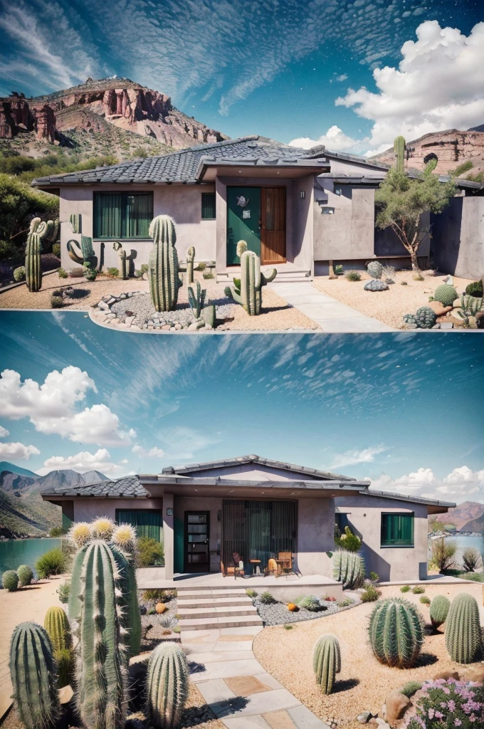 An illustration, collage style, David Hockney visual style, (((Luis Barragán's architectural style houses in middle of a lake))), big boulders, little cascade, mountains, volcanos, volcanic landscape, pool, stairs, beautiful gardens, abundant vegetation, cacti, agave, big clouds, sunset. Magazine cover, serif tipography, editorial design, masterpiece, An illustration in collage style, con rocas gigantes, Brutalist construction sections, escaleras, cactus, agave, textura de concreto, Multiple geometric shapes, hatch and cross hatching, planeta Saturno. ((masterpiece, best quality)),illustration,ultra detailed 8k. (((An illustration of a build designed by Luis Barragán))), with a desertic vegetation garden, (big rocks), ((cacti)), lake, volcano in horizon, smooth clouds, (((illustration collage format))), ((Escher's art style)), (((multiple sections))), (violet, blue, olive green, grey, black and white), hard shadows, (((geometric sculptures))), concrete sculptures, high contrast, dramatic, cinematographic, ((milky way galaxy)), intricate, intricate details, sharp focus,landscape