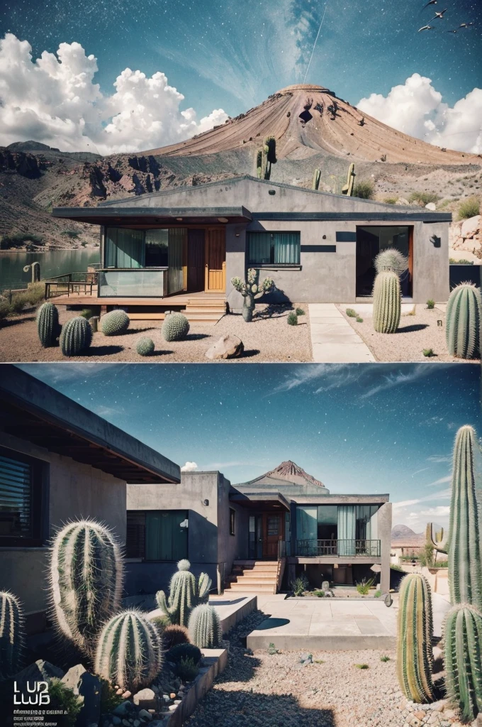 An illustration, collage style, David Hockney visual style, (((Luis Barragán's architectural style houses in middle of a lake))), big boulders, little cascade, mountains, volcanos, volcanic landscape, pool, stairs, beautiful gardens, abundant vegetation, cacti, agave, big clouds, sunset. Magazine cover, serif tipography, editorial design, masterpiece, An illustration in collage style, con rocas gigantes, Brutalist construction sections, escaleras, cactus, agave, textura de concreto, Multiple geometric shapes, hatch and cross hatching, planeta Saturno. ((masterpiece, best quality)),illustration,ultra detailed 8k. (((An illustration of a build designed by Luis Barragán))), with a desertic vegetation garden, (big rocks), ((cacti)), lake, volcano in horizon, smooth clouds, (((illustration collage format))), ((Escher's art style)), (((multiple sections))), (violet, blue, olive green, grey, black and white), hard shadows, (((geometric sculptures))), concrete sculptures, high contrast, dramatic, cinematographic, ((milky way galaxy)), intricate, intricate details, sharp focus,landscape