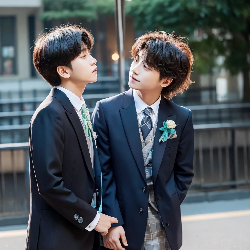 Bangchan and Seungmin from stray kids, realistic, Bangchan wearing a suit and Seungmin wearing a , Kissing The cheek