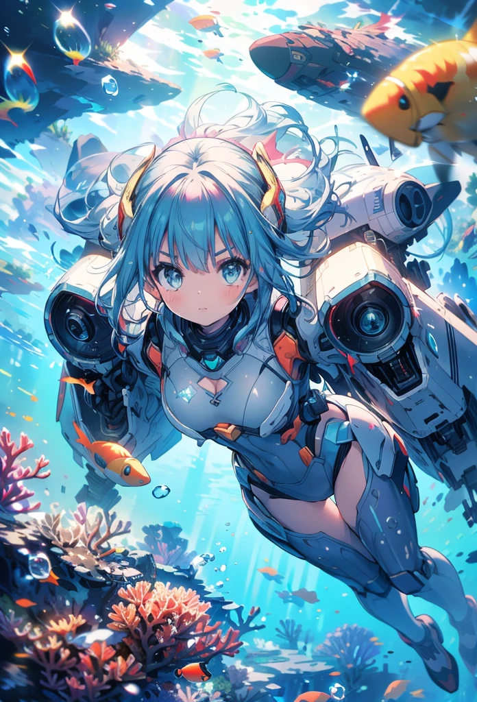 masterpiece, best quality, high resolution, extremely detailed CG, absurdres, highres, 1girl, solo, a girl in mech suit moving fast with rocket boosters under the sea,headgear,Thighs, cleavage, jets, torpedo, arounded by bubbles, coral, red_hair,Colorful portraits