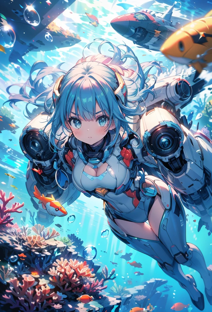 masterpiece, best quality, high resolution, extremely detailed CG, absurdres, highres, 1girl, solo, a girl in mech suit moving fast with rocket boosters under the sea,headgear,Thighs, cleavage, jets, torpedo, arounded by bubbles, coral, red_hair,Colorful portraits