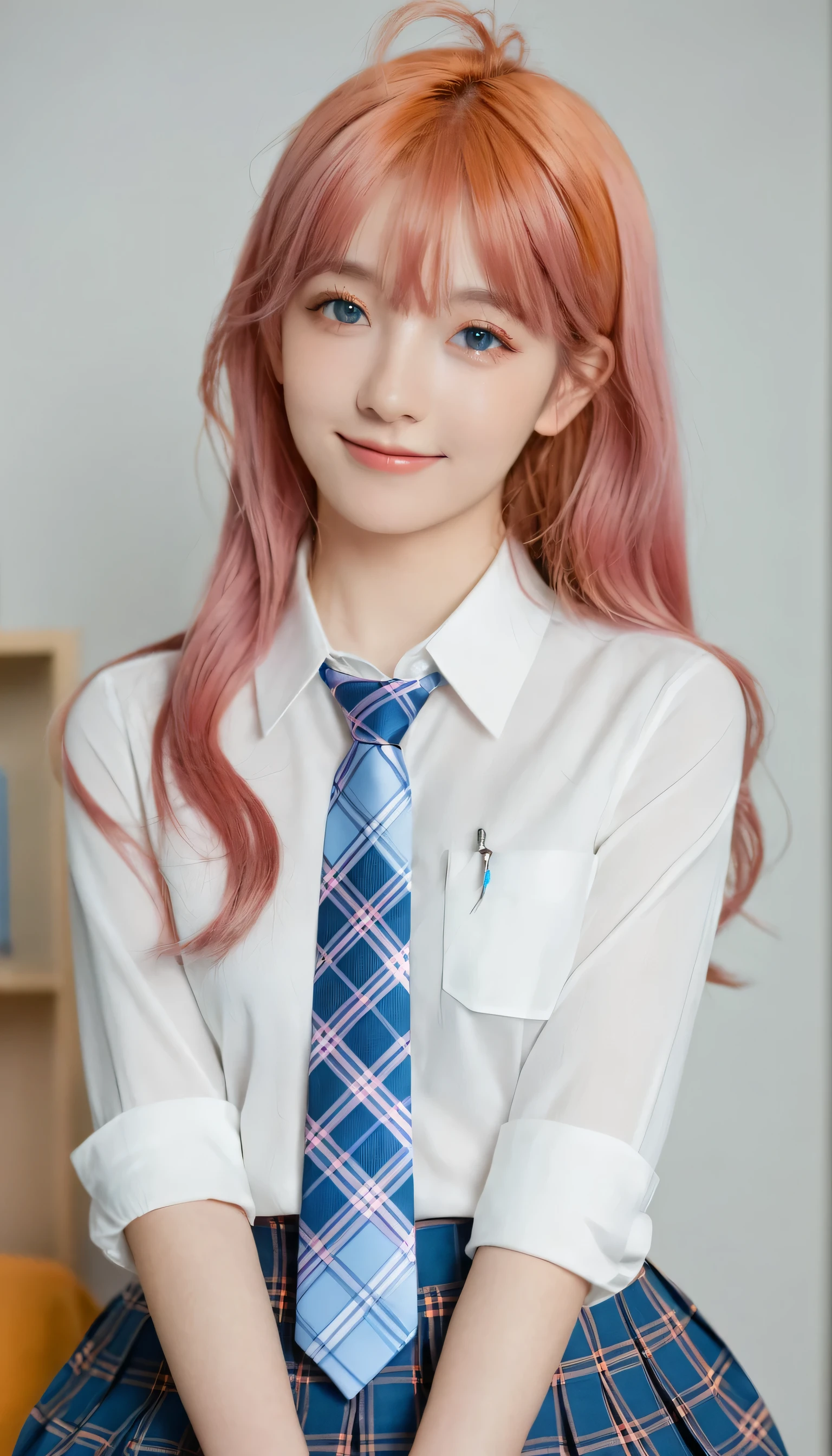 1girl, hoshino (blue archive), solo, heterochromia, pink hair, skirt, long hair, necktie, ahoge, shirt, halo, plaid skirt, blue eyes, plaid, looking at viewer, white shirt, sitting, orange eyes, chest harness, harness, long sleeves, id card, open mouth, very long hair, collared shirt, smile, blue necktie, bangs, feet out of frame, between legs, hand between legs, blush, hair between eyes, highres,masterpiece, best quality