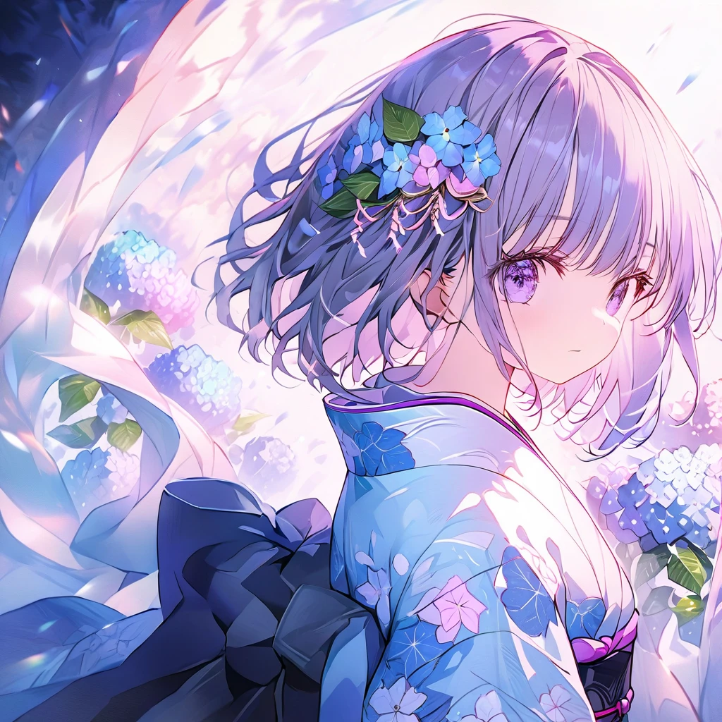 Hydrangeas, a beautiful girl, beautiful sky, detailed details, a large sky, a full-body image, detailed colors, dynamic angles, a beautiful Japanese kimono, BREAK ,quality\(8k,wallpaper of extremely detailed CG unit, ​masterpiece,hight resolution,top-quality,top-quality real texture skin,hyper realisitic,increase the resolution,RAW photos,best qualtiy,highly detailed,the wallpaper,cinematic lighting,ray trace,golden ratio\),