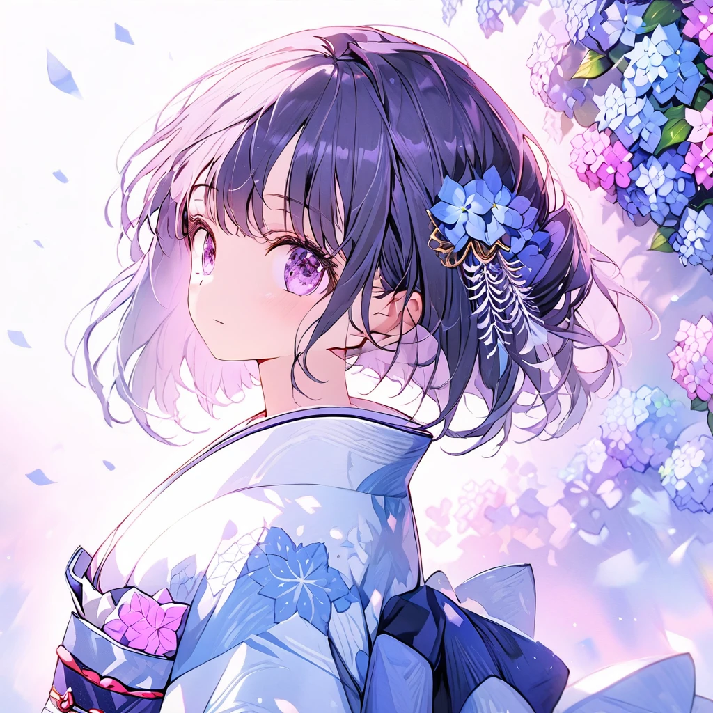 Hydrangeas, a beautiful girl, beautiful sky, detailed details, a large sky, a full-body image, detailed colors, dynamic angles, a beautiful Japanese kimono, BREAK ,quality\(8k,wallpaper of extremely detailed CG unit, ​masterpiece,hight resolution,top-quality,top-quality real texture skin,hyper realisitic,increase the resolution,RAW photos,best qualtiy,highly detailed,the wallpaper,cinematic lighting,ray trace,golden ratio\),