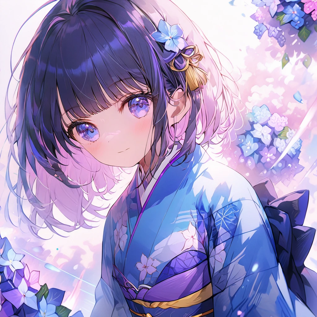 Hydrangeas, a beautiful girl, beautiful sky, detailed details, a large sky, a full-body image, detailed colors, dynamic angles, a beautiful Japanese kimono, BREAK ,quality\(8k,wallpaper of extremely detailed CG unit, ​masterpiece,hight resolution,top-quality,top-quality real texture skin,hyper realisitic,increase the resolution,RAW photos,best qualtiy,highly detailed,the wallpaper,cinematic lighting,ray trace,golden ratio\),