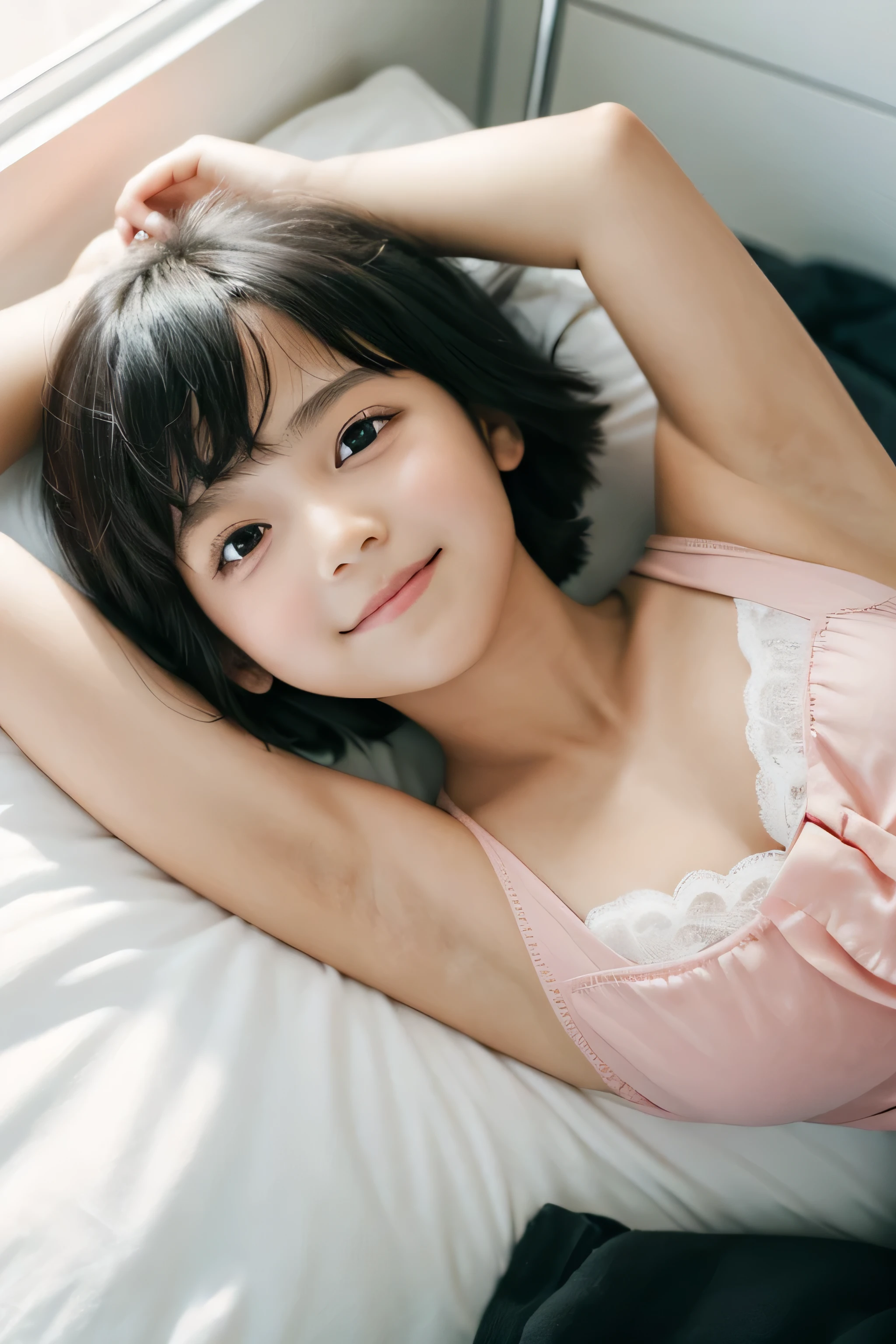 One girl, short hair,Black Hair,smile, summer, room,Lying on the bed,Pure Innocence,,Look here,front,Close-up of the chest,Small swelling in the chest,Sleeveless light blue shirt,front,transparent, (masterpiece, Highest quality), Soft Light, Structure of the film, Like a movie