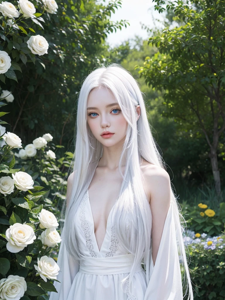 Long white hair, blue eyes, serious features, white skin, loose style, in a garden, with flowers 