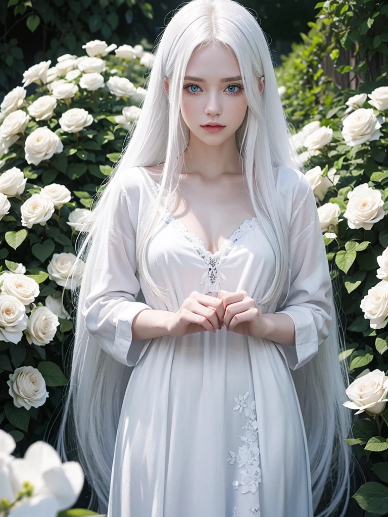 Long white hair, blue eyes, serious features, white skin, loose style, in a garden, with flowers