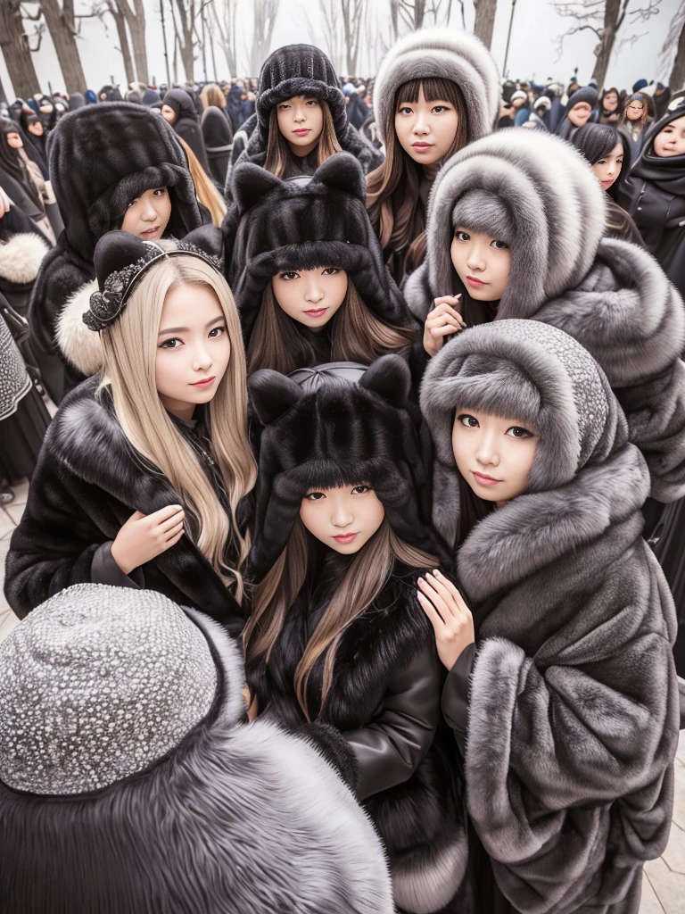 fluffyの毛皮。fluffy、Surrounded by fair-skinned women。Women wearing fur dresses and veils covering their faces are lined up。Beautiful women in luxurious furs。The dark dungeon of an old stone castle。Fisheye Lens、Fur coat。Multiple women。