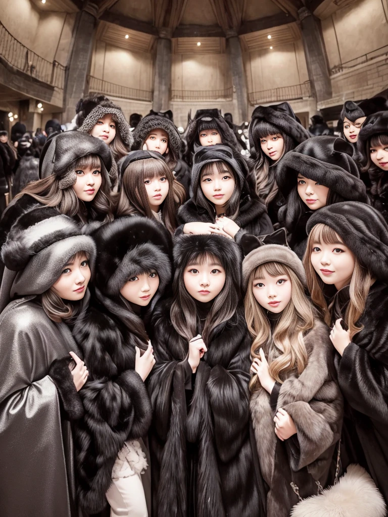 fluffyの毛皮。fluffy、Surrounded by fair-skinned women。Women wearing fur dresses and veils covering their faces are lined up。Beautiful women in luxurious furs。The dark dungeon of an old stone castle。Fisheye Lens、Fur coat。Multiple women。