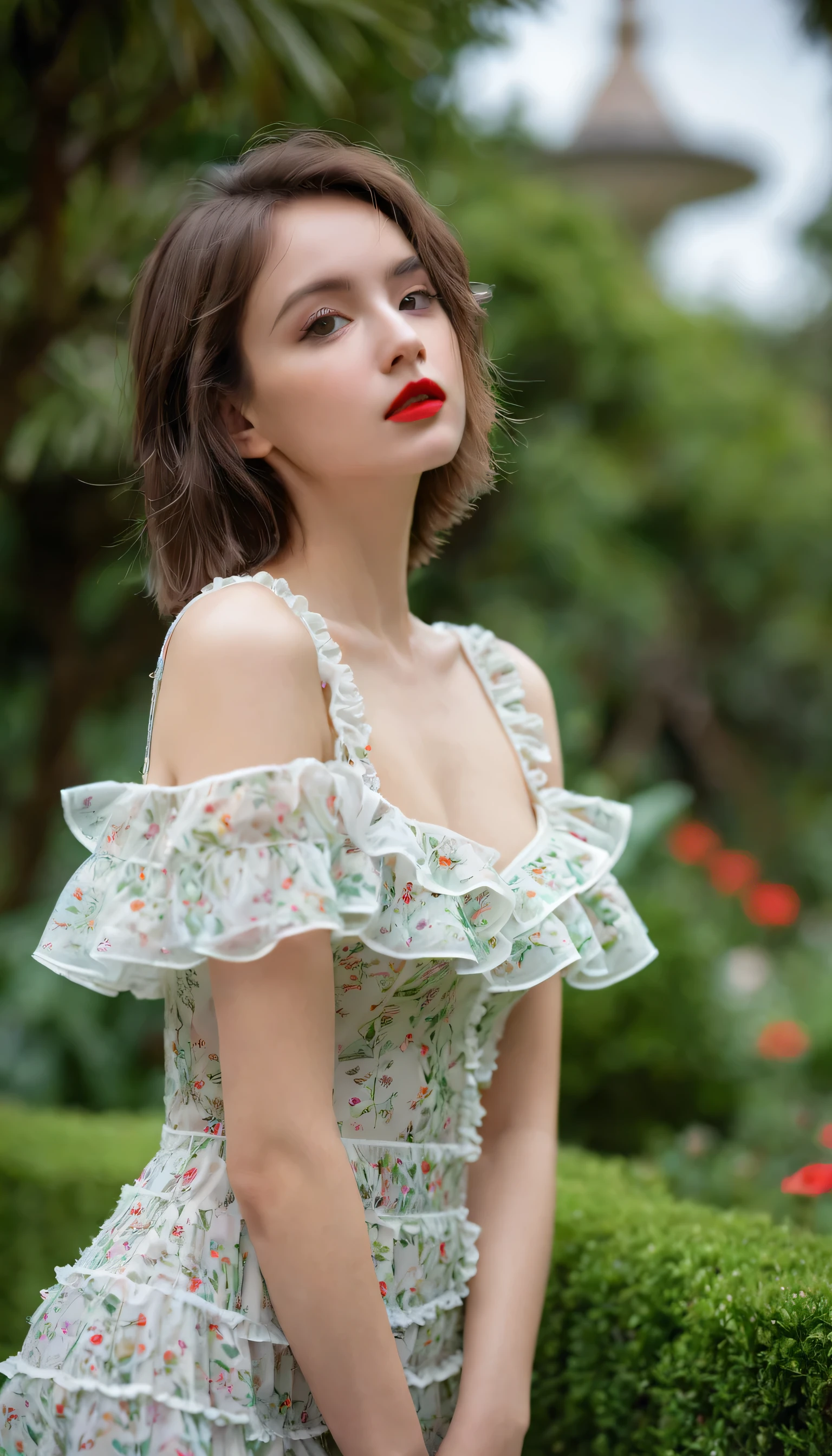 Lindsgnar, (Clear focus: 1.5), (Clear focus:1.2), photo, Attractive young woman, (Pretty Face:1.1), Delicate eyes, Sweet lips, (Bold red lip color:0.85), (Medium breasts:1.0), (slim:1.2), Wear (1980s Ruffle Dress:1.2) in a (Botanical Gardens:1.2). (Mood lighting:1.2), Depth of Field, Bokeh, 4K, Human Development Report. go through (James C.. Christensen:1.2|Jeremy Lipkin:1.1).