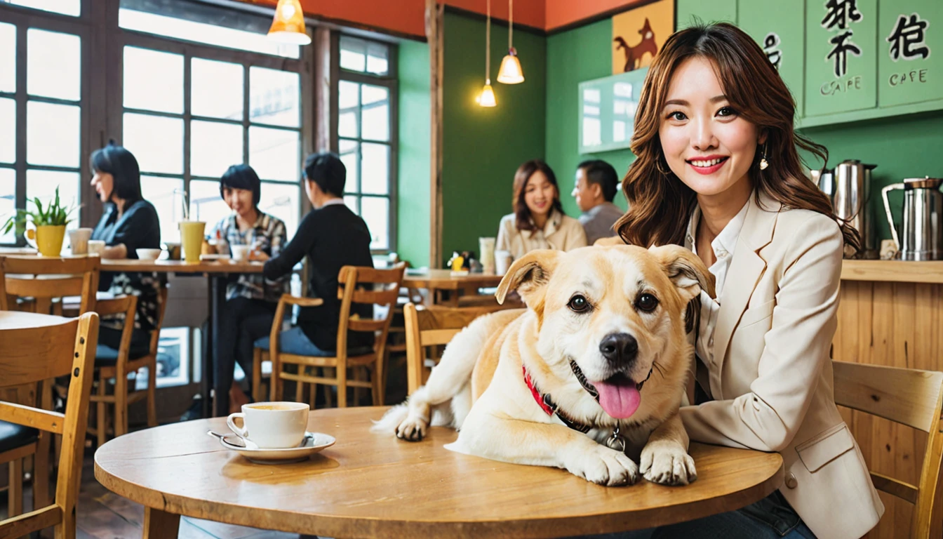 Sitting at a table in a dog cafe20Woman in her 20s、Sit on a woman's lap、A brown dog curled up and sleeping on your lap、The breed is a toy poodle。The woman smiled.、Petting a toy poodle。